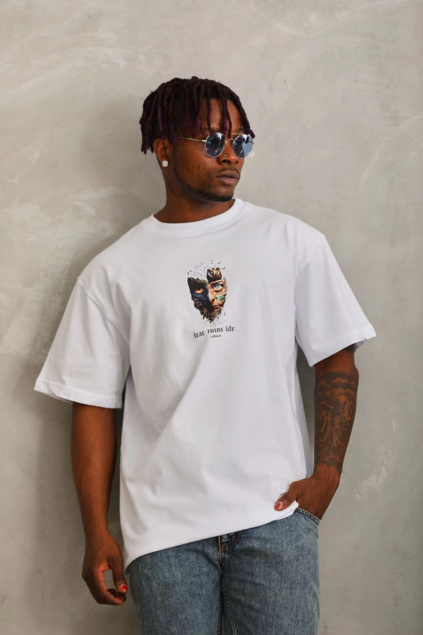 ASSEMA Erkek Baskılı T-Shirt Kısa Kol Bisiklet Yaka Regular Fit Rahat Kalıp Günlük Tişört - Beyaz