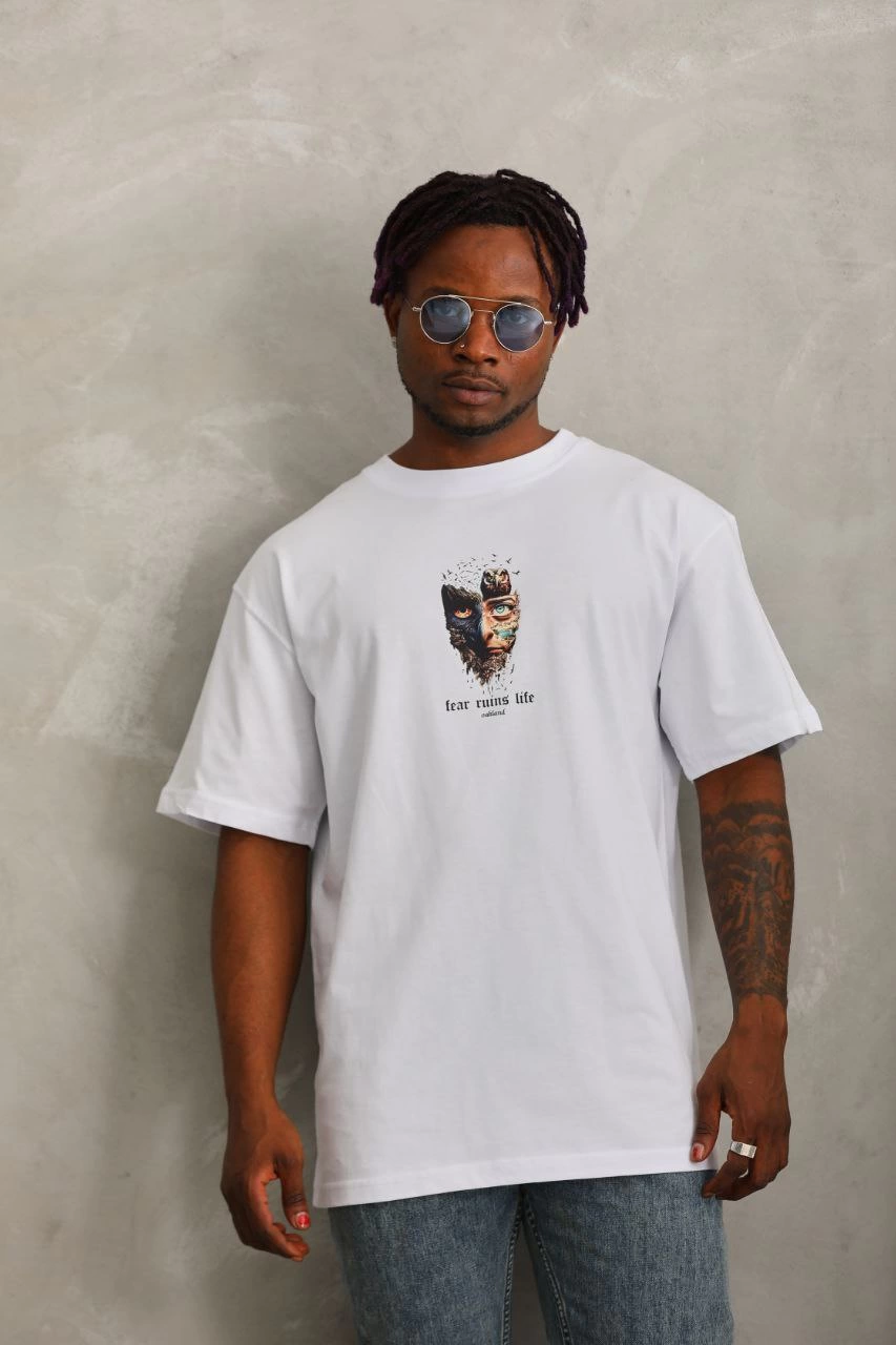 ASSEMA Erkek Baskılı T-Shirt Kısa Kol Bisiklet Yaka Regular Fit Rahat Kalıp Günlük Tişört - Beyaz