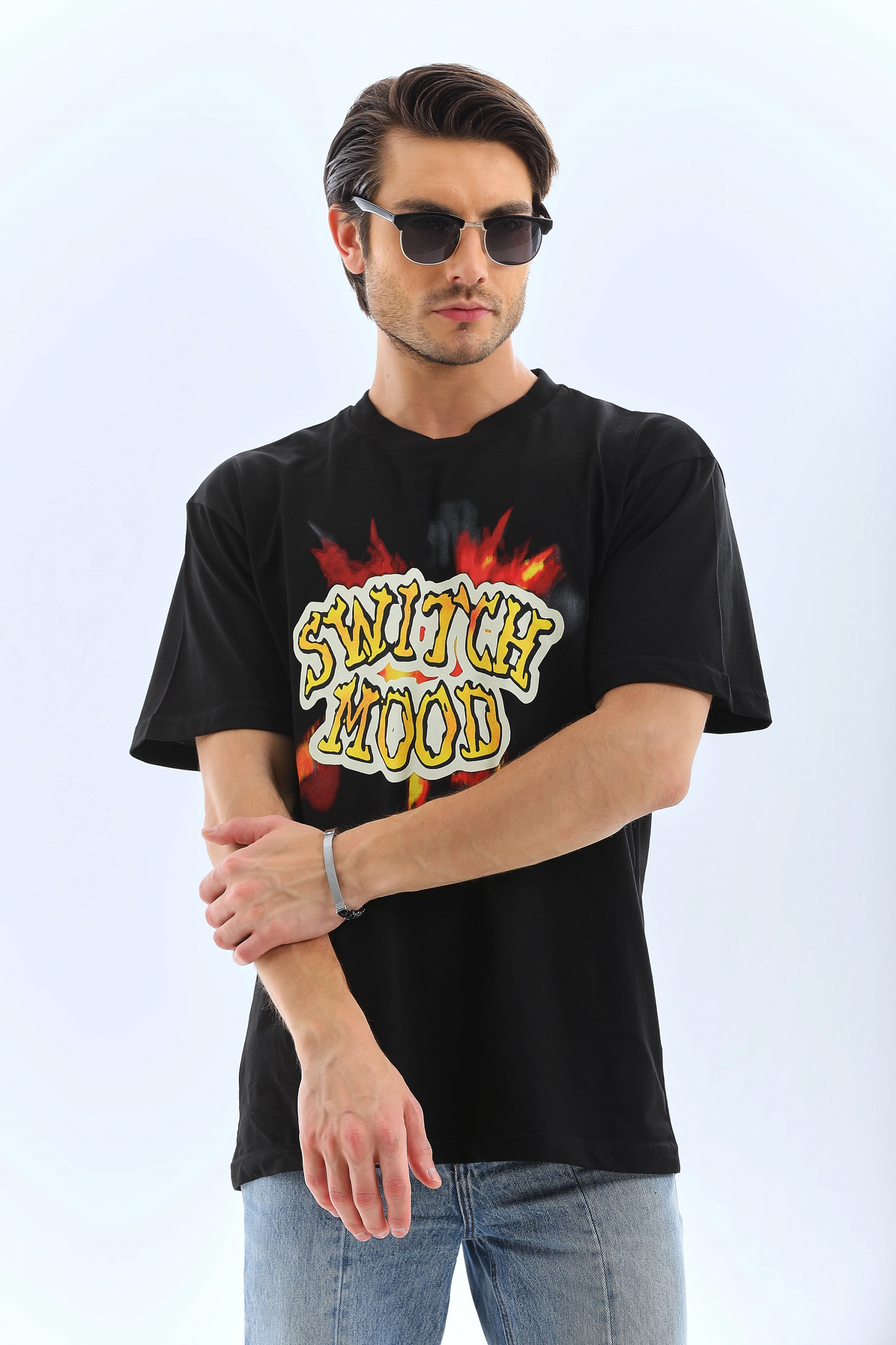 ASSEMA ERKEK Oversize ön ve Arka Baskılı Bisiklet Yaka  Kısa kol T-Shirt - Siyah