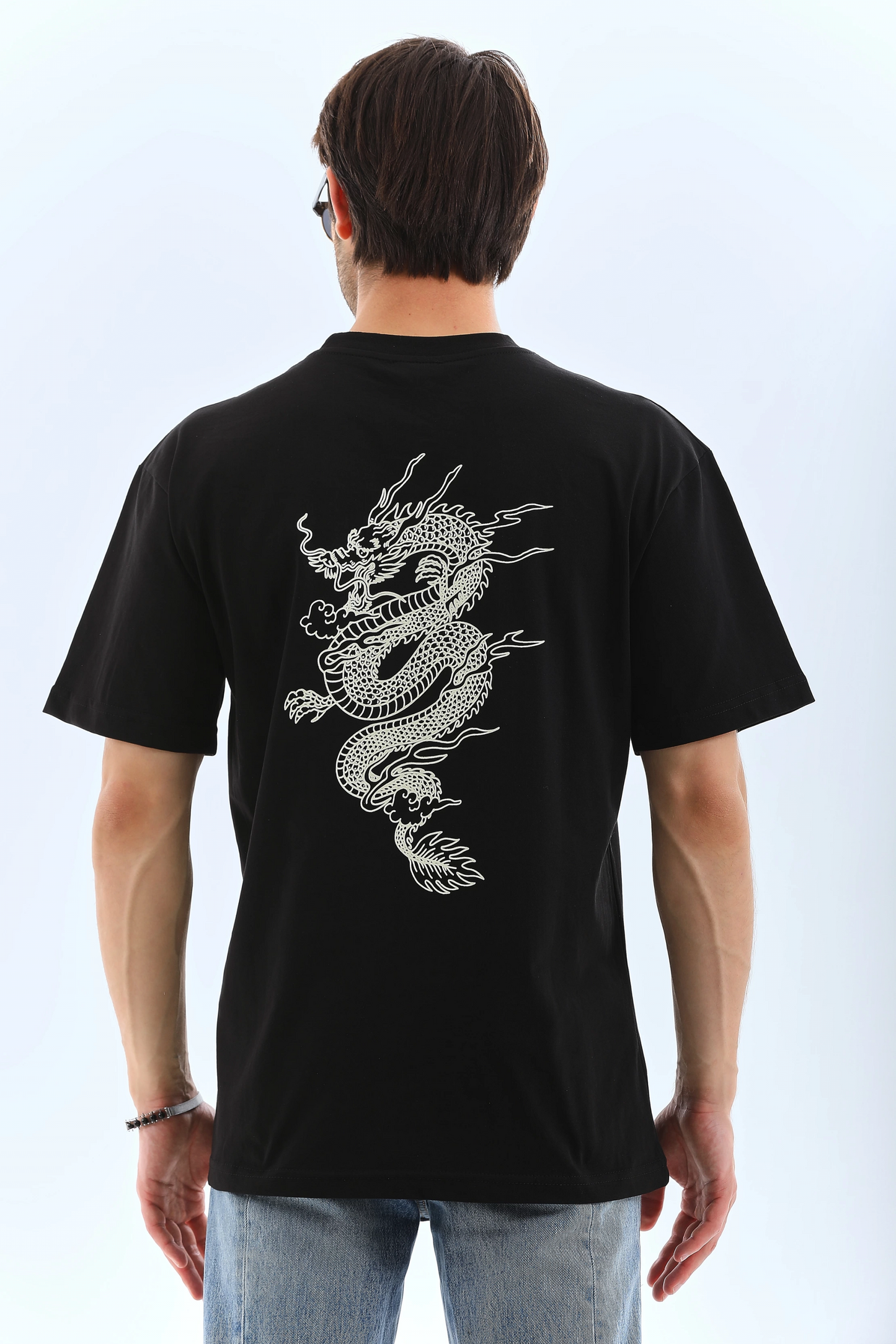 ASSEMA ERKEK Oversize ön ve Arka Baskılı Bisiklet Yaka  Kısa kol T-Shirt - Siyah