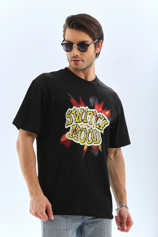 ASSEMA ERKEK Oversize ön ve Arka Baskılı Bisiklet Yaka  Kısa kol T-Shirt - Siyah