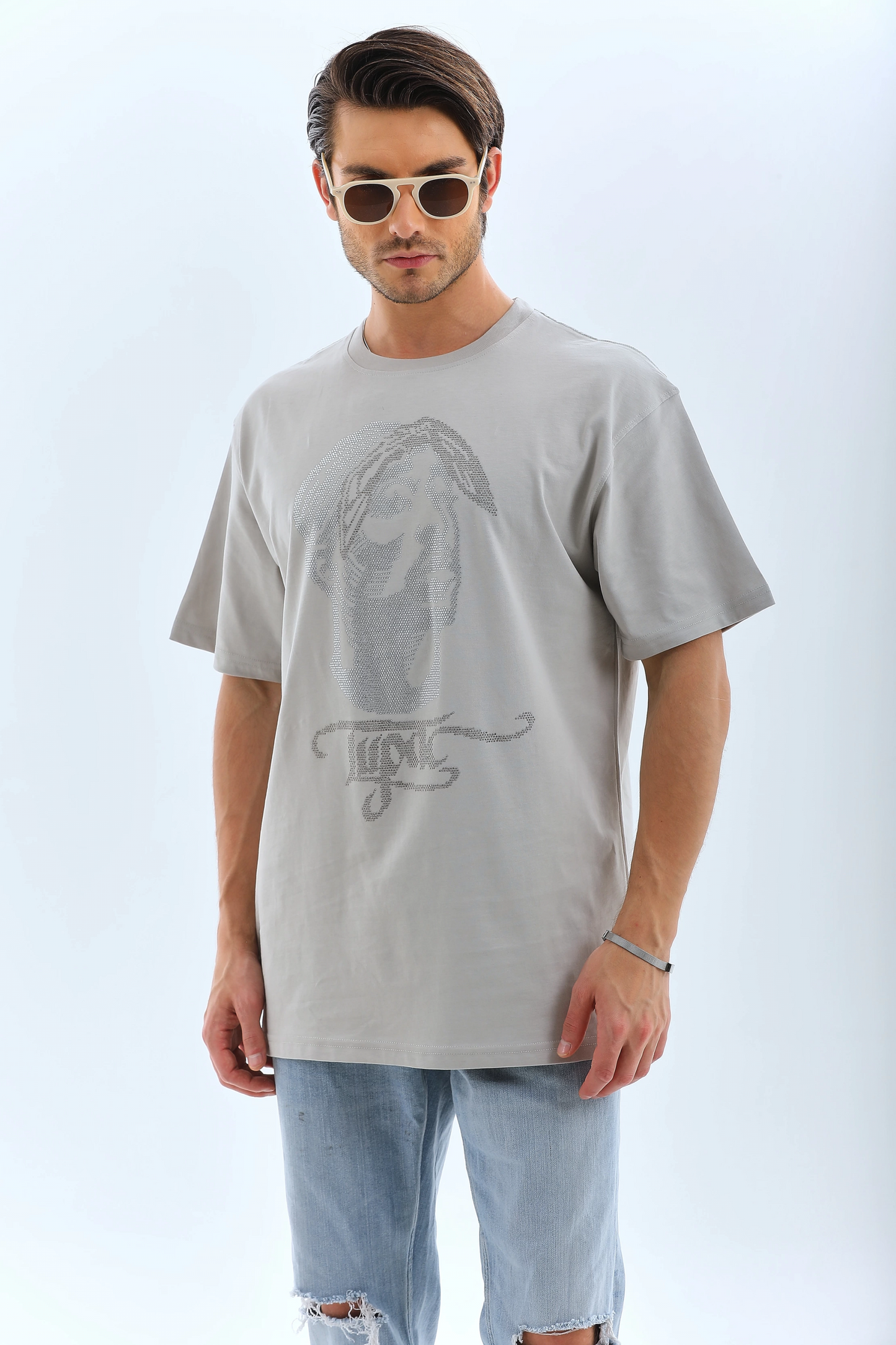ASSEMA ERKEK Oversize Taşlı Bisiklet Yaka  Kısa kol T-Shirt - Gri