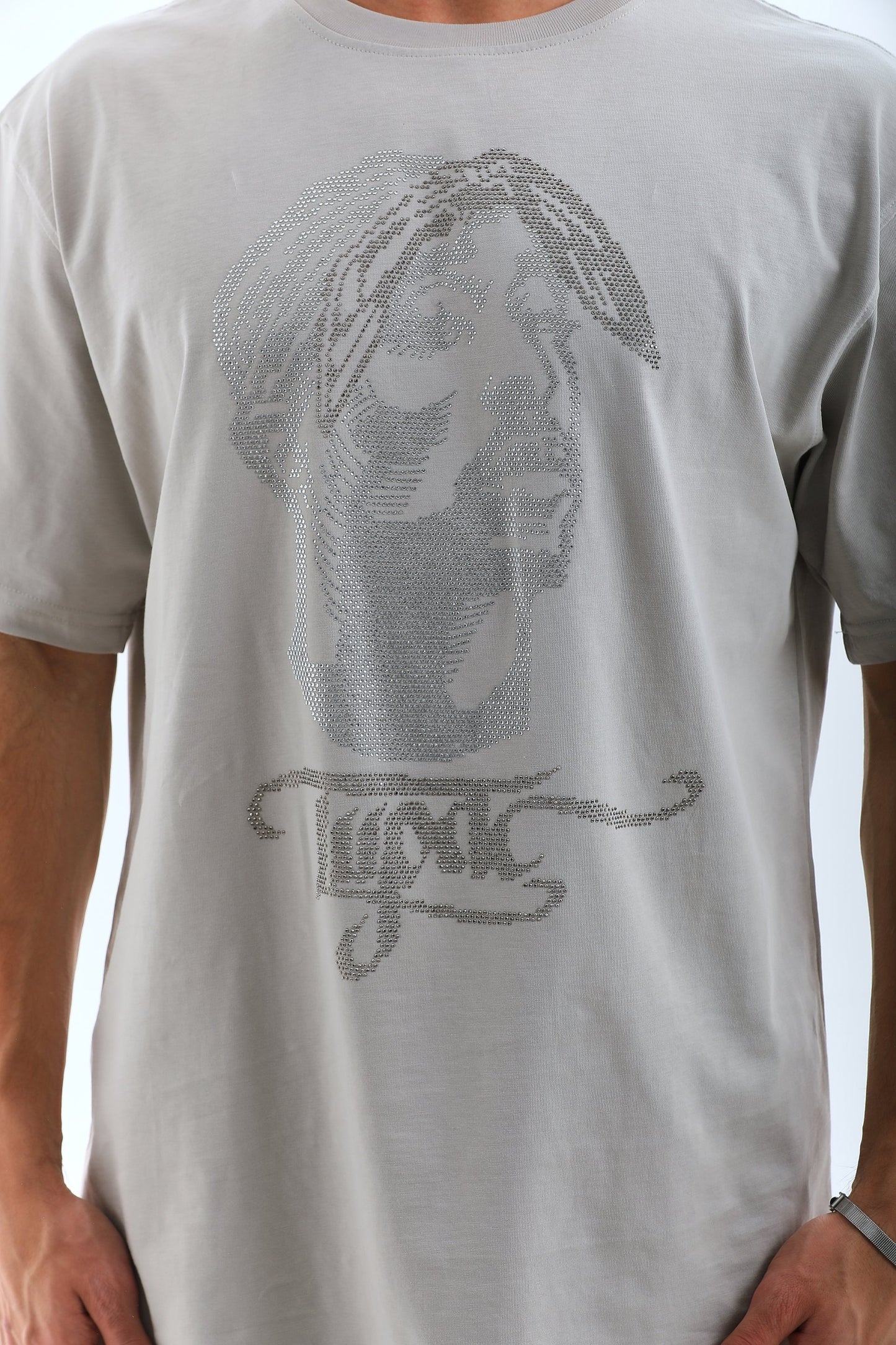 ASSEMA ERKEK Oversize Taşlı Bisiklet Yaka  Kısa kol T-Shirt - Gri