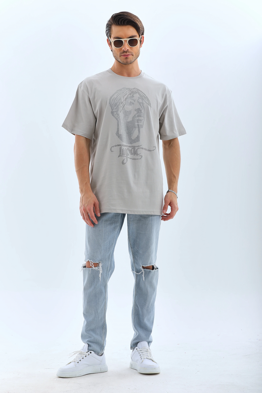 ASSEMA ERKEK Oversize Taşlı Bisiklet Yaka  Kısa kol T-Shirt - Gri