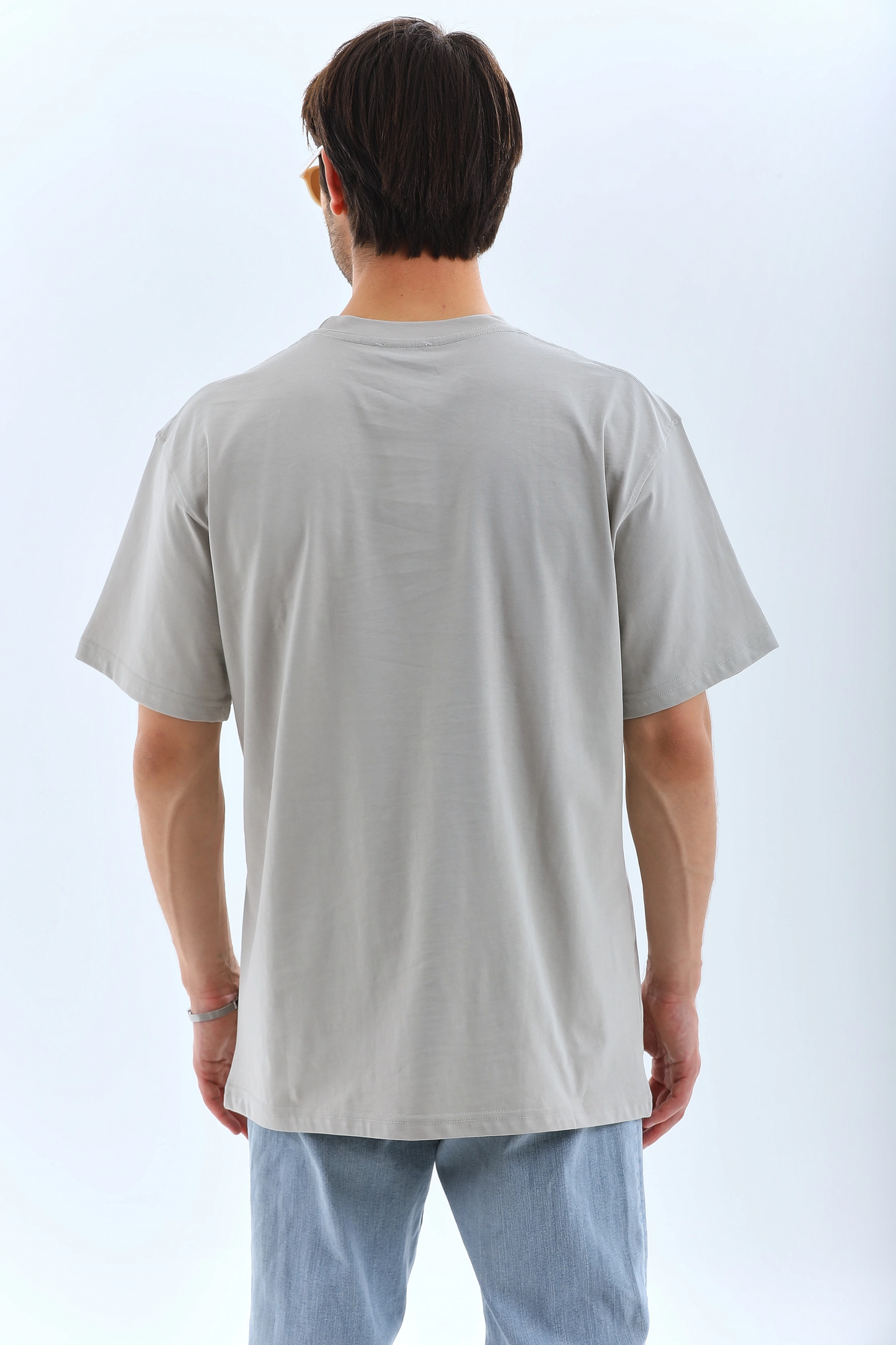 ASSEMA ERKEK Oversize Taşlı Bisiklet Yaka  Kısa kol T-Shirt - Gri
