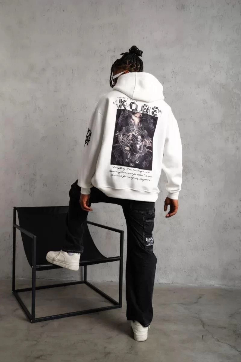 ASSEMA ERKEK Sırt Baskılı Kapüşonlu Üç İplik Oversize Sweatshirt - Beyaz