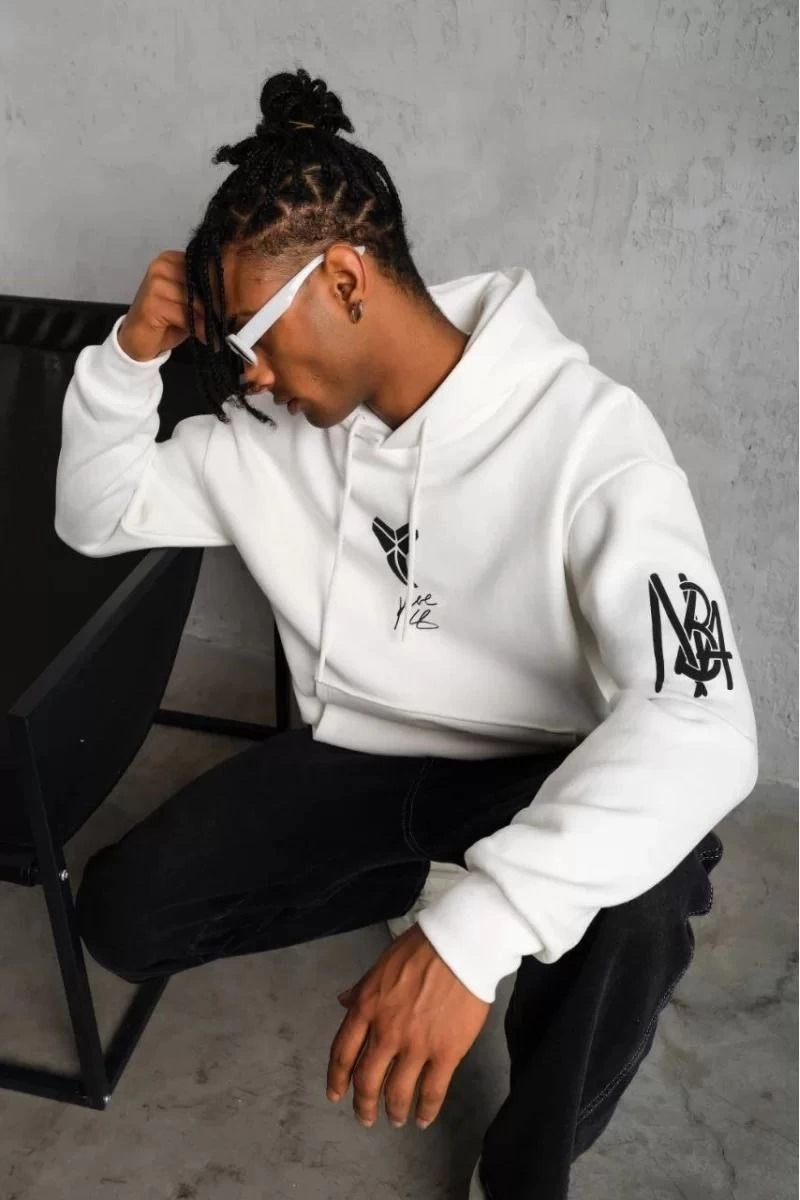 ASSEMA ERKEK Sırt Baskılı Kapüşonlu Üç İplik Oversize Sweatshirt - Beyaz