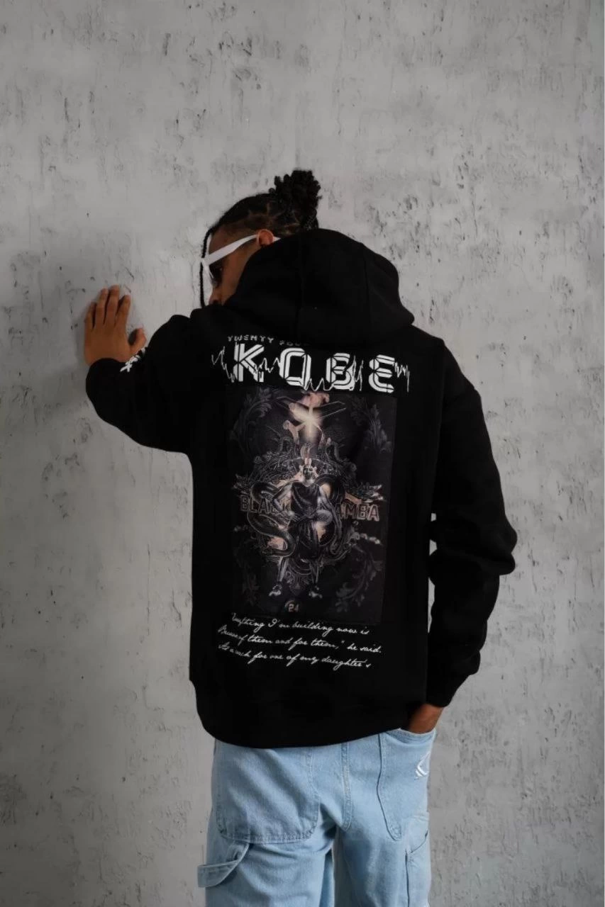 ASSEMA ERKEK Sırt Baskılı Kapüşonlu Üç İplik Oversize Sweatshirt - Siyah