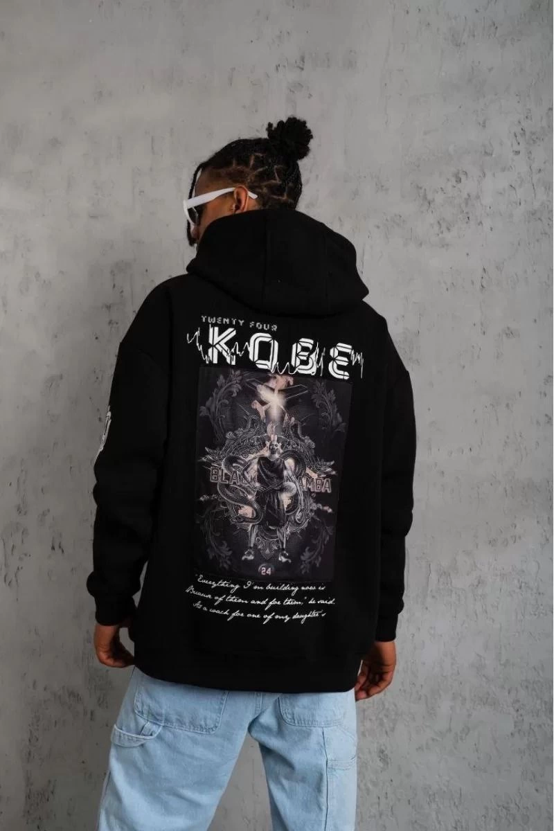 ASSEMA ERKEK Sırt Baskılı Kapüşonlu Üç İplik Oversize Sweatshirt - Siyah
