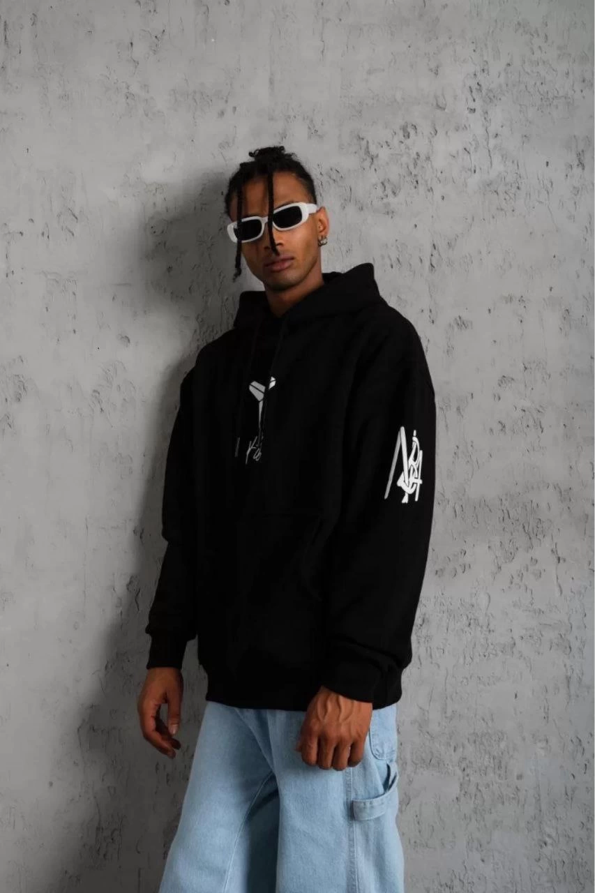 ASSEMA ERKEK Sırt Baskılı Kapüşonlu Üç İplik Oversize Sweatshirt - Siyah