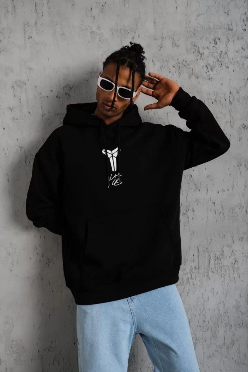 ASSEMA ERKEK Sırt Baskılı Kapüşonlu Üç İplik Oversize Sweatshirt - Siyah
