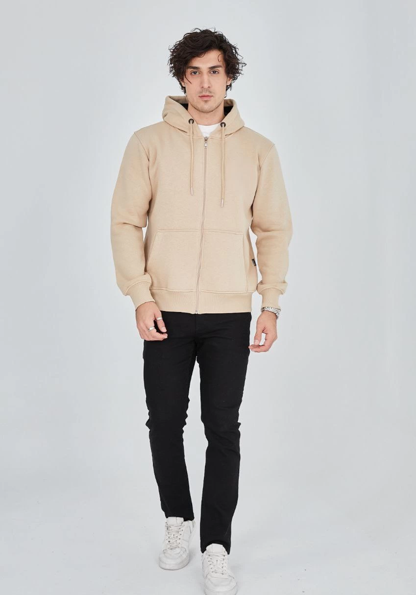 ASSEMA ERKEK Tam Fermuarlı Kapşonlu  SweatShirt - Bej