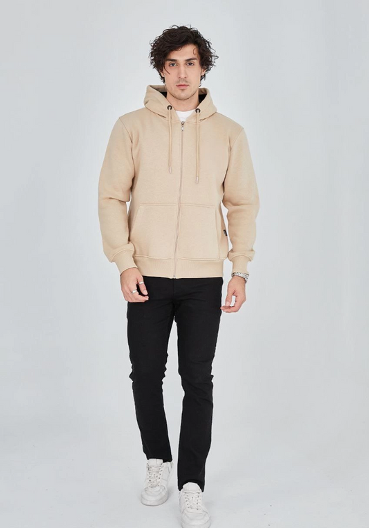 ASSEMA ERKEK Tam Fermuarlı Kapşonlu  SweatShirt - Bej