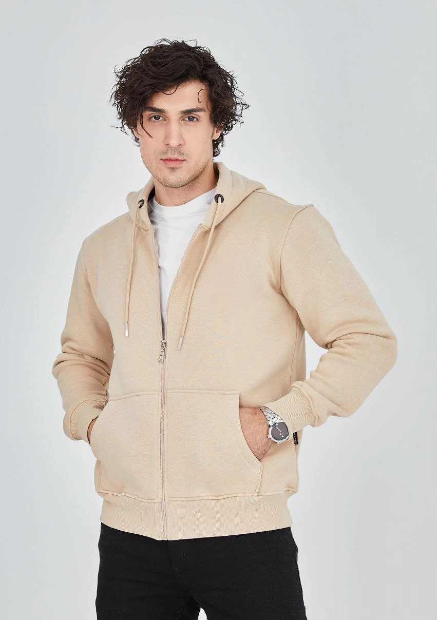 ASSEMA ERKEK Tam Fermuarlı Kapşonlu  SweatShirt - Bej