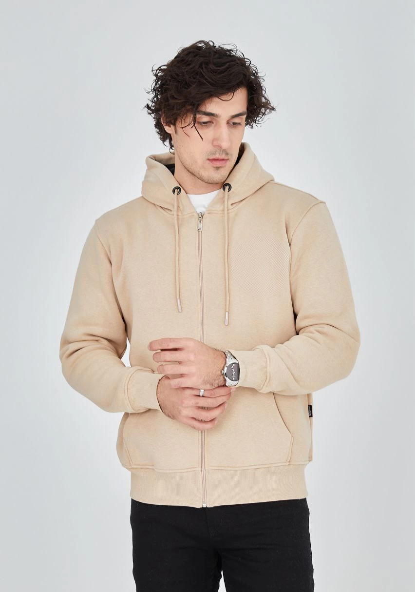 ASSEMA ERKEK Tam Fermuarlı Kapşonlu  SweatShirt - Bej