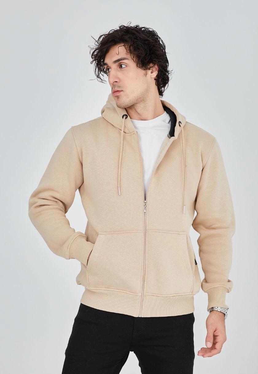 ASSEMA ERKEK Tam Fermuarlı Kapşonlu  SweatShirt - Bej