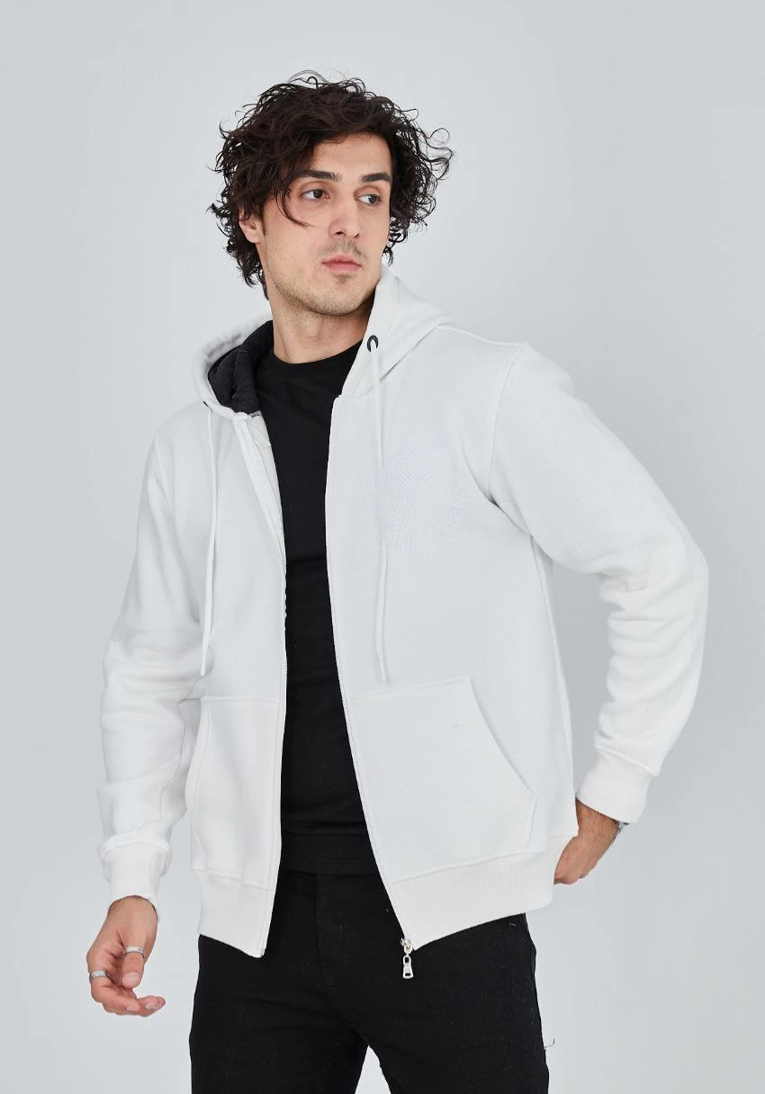 ASSEMA ERKEK Tam Fermuarlı Kapşonlu  üç iplik pamuklu  SweatShirt - Beyaz