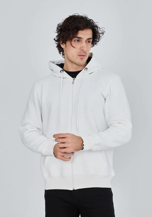 ASSEMA ERKEK Tam Fermuarlı Kapşonlu  üç iplik pamuklu  SweatShirt - Beyaz