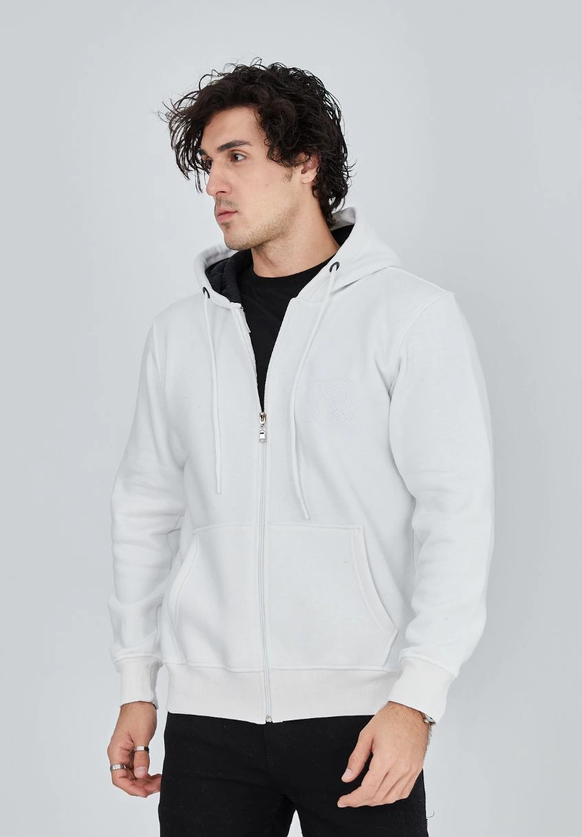 ASSEMA ERKEK Tam Fermuarlı Kapşonlu  üç iplik pamuklu  SweatShirt - Beyaz