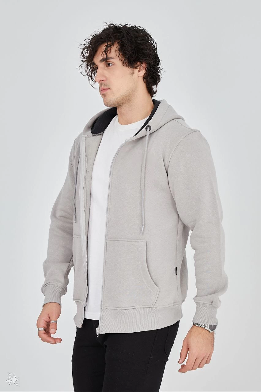 ASSEMA ERKEK Tam Fermuarlı Kapşonlu  SweatShirt - Boyalı Gri