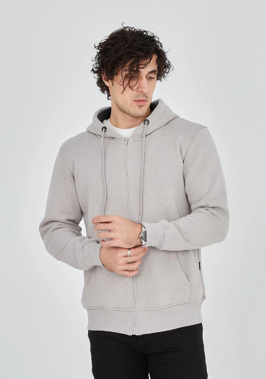 ASSEMA ERKEK Tam Fermuarlı Kapşonlu  SweatShirt - Boyalı Gri