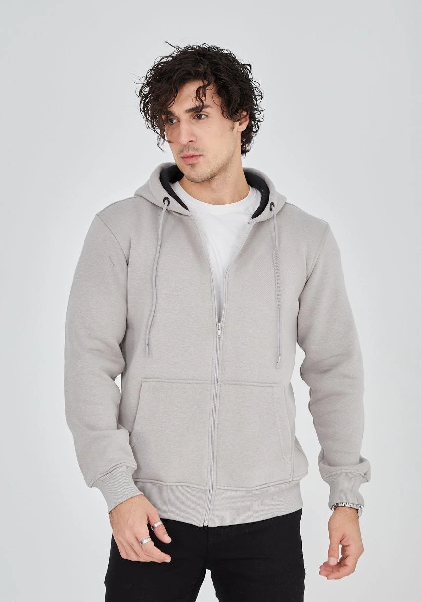 ASSEMA ERKEK Tam Fermuarlı Kapşonlu  SweatShirt - Boyalı Gri