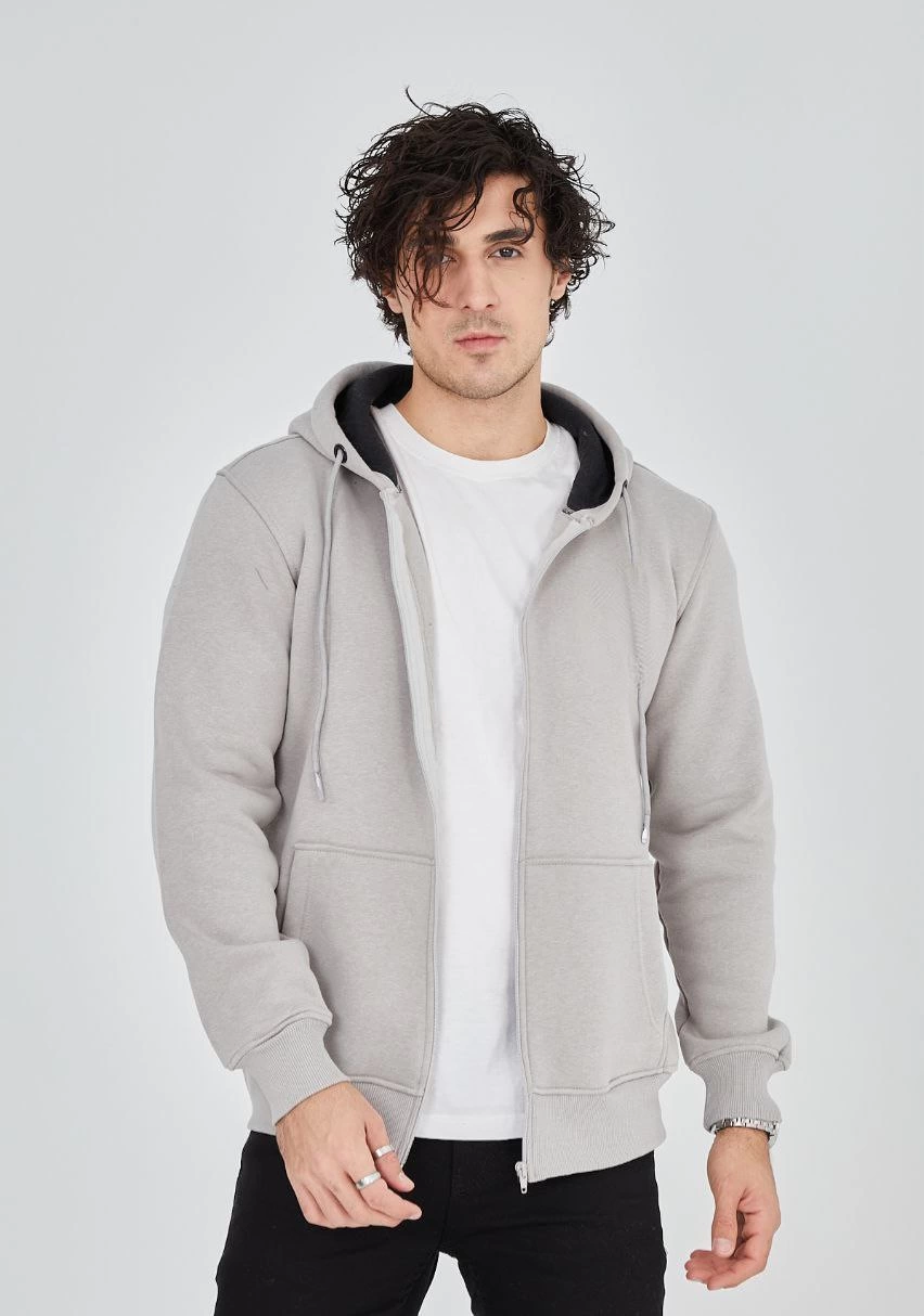 ASSEMA ERKEK Tam Fermuarlı Kapşonlu  SweatShirt - Boyalı Gri