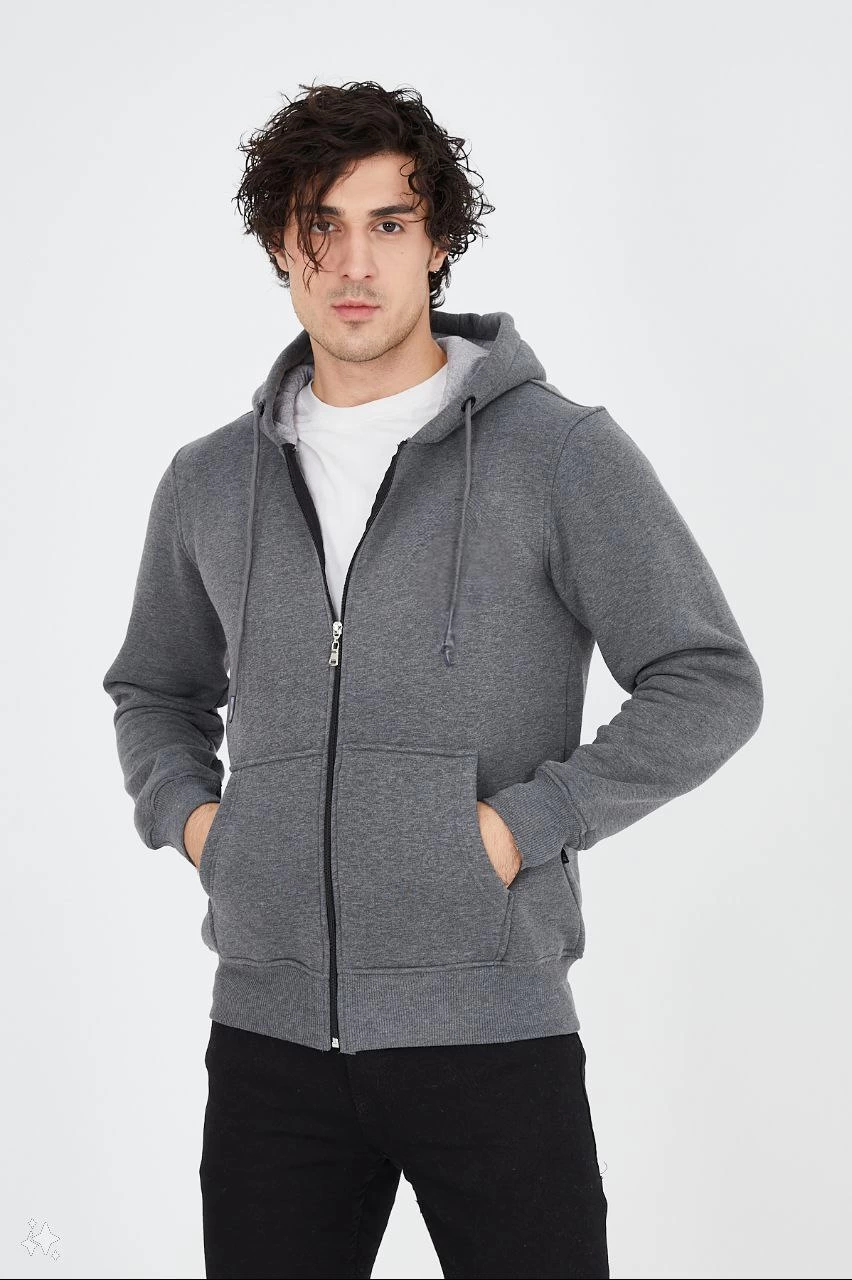 ASSEMA ERKEK Tam Fermuarlı Kapşonlu  SweatShirt - Füme