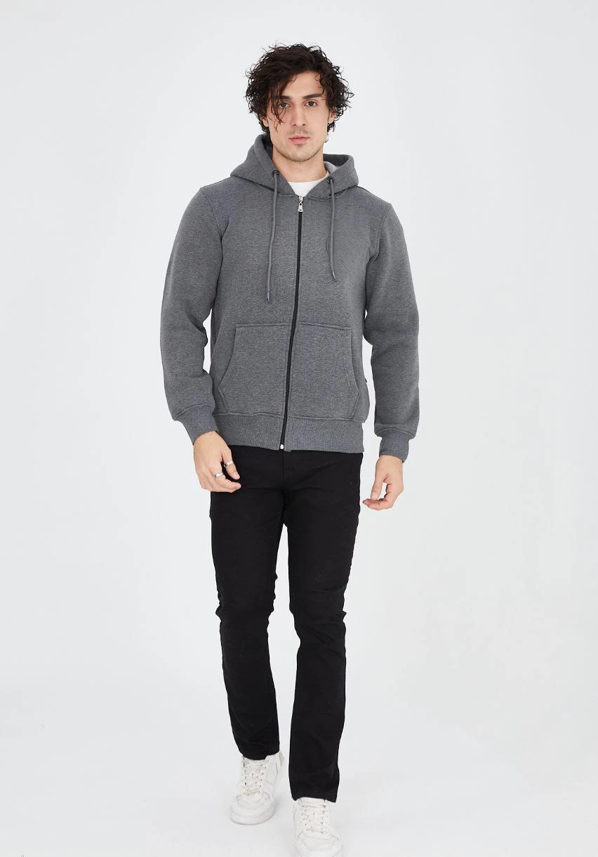 ASSEMA ERKEK Tam Fermuarlı Kapşonlu  SweatShirt - Füme