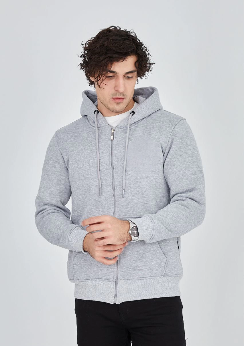 ASSEMA ERKEK Tam Fermuarlı Kapşonlu  SweatShirt - Gri