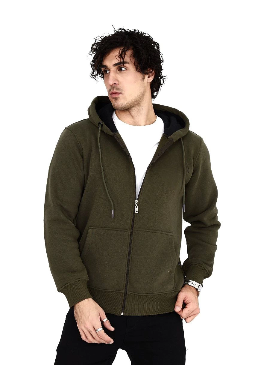Erkek 3 İplik Pamuklu Tam Fermuarlı Kapüşonlu Kanguru Cepli Düz Hoodie Sweatshirt - Haki