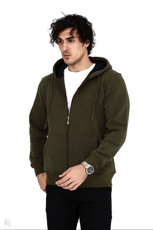 Erkek 3 İplik Pamuklu Tam Fermuarlı Kapüşonlu Kanguru Cepli Düz Hoodie Sweatshirt - Haki