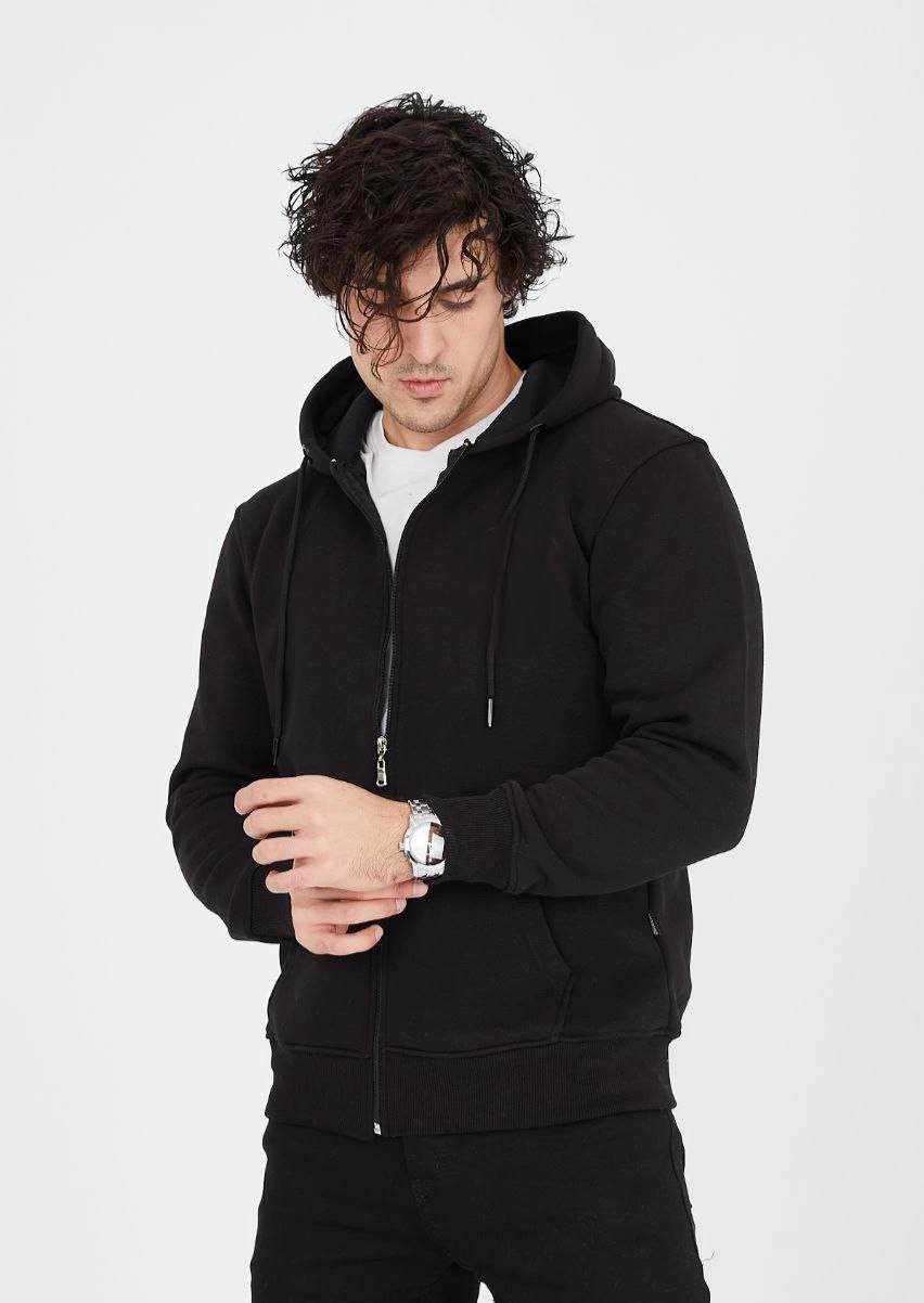 ASSEMA ERKEK Tam Fermuarlı Kapşonlu  SweatShirt - Siyah