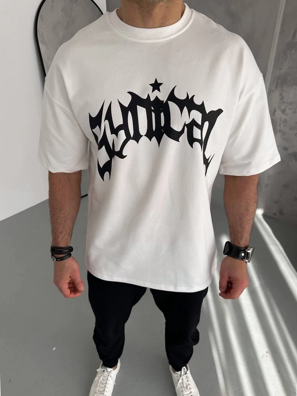 Erkek Baskılı Bisiklet Yaka T-Shirt - Beyaz