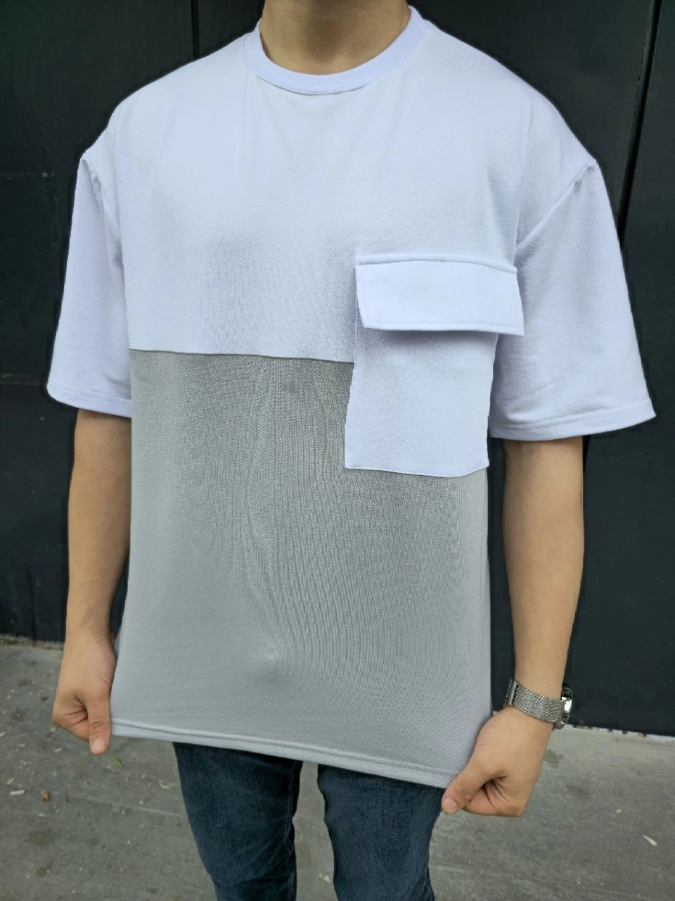 ASSEMA Erkek  Torba Cep Detaylı Parçalı T-Shirt - Gri