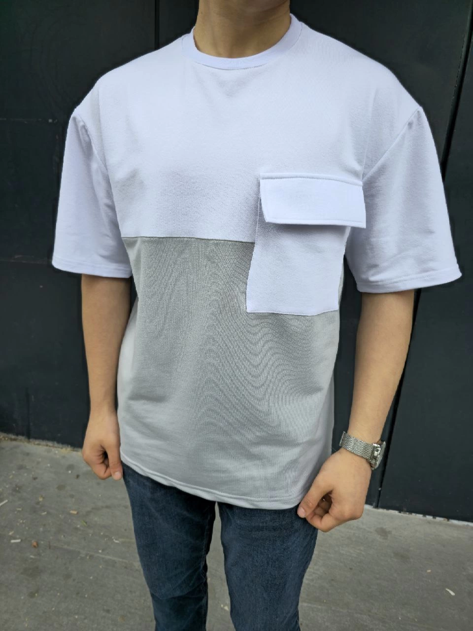 ASSEMA Erkek  Torba Cep Detaylı Parçalı T-Shirt - Gri