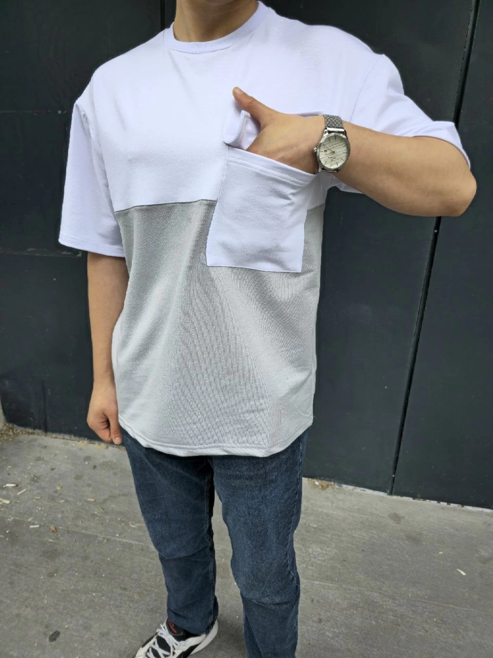 ASSEMA Erkek  Torba Cep Detaylı Parçalı T-Shirt - Gri