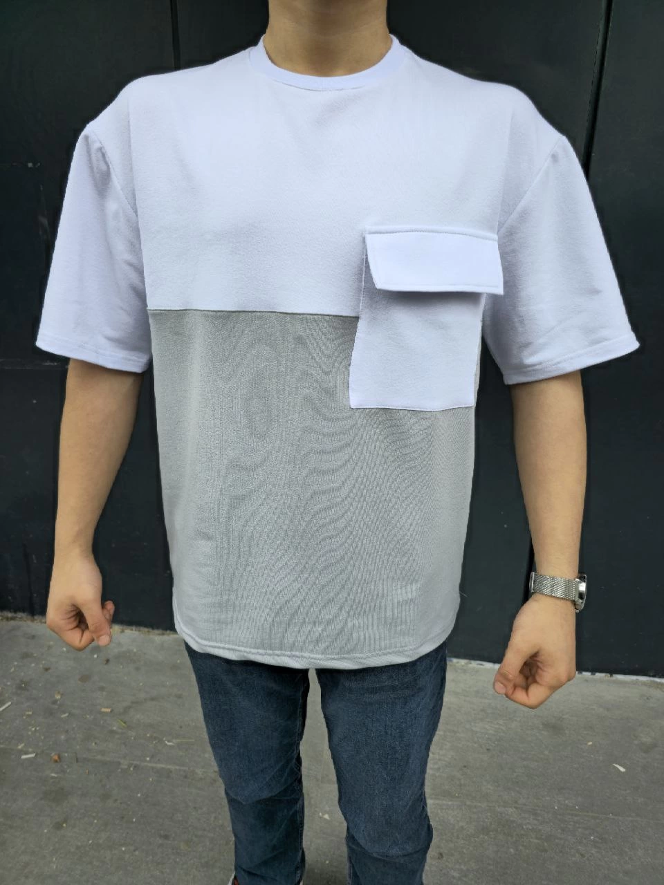 ASSEMA Erkek  Torba Cep Detaylı Parçalı T-Shirt - Gri