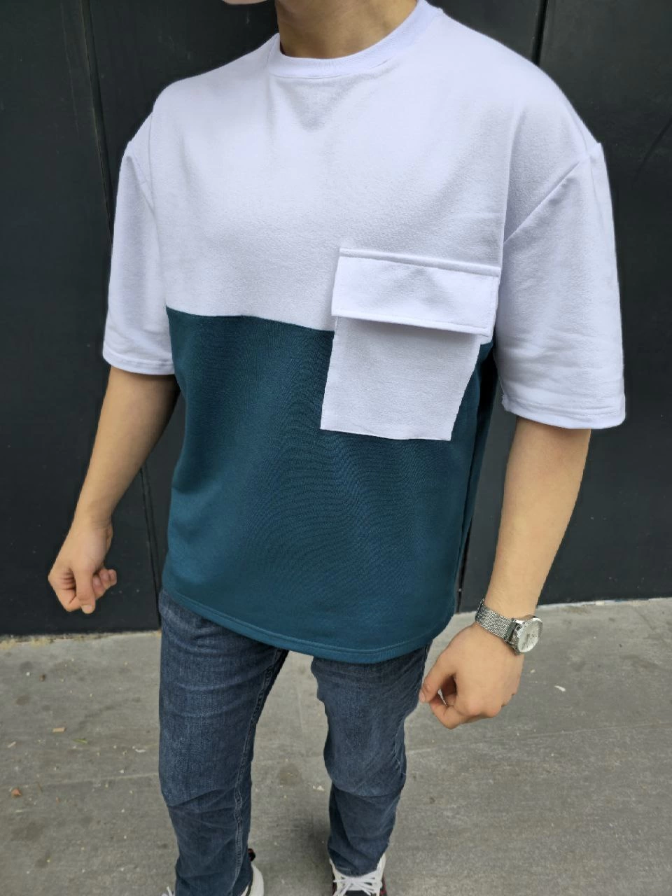 ASSEMA Erkek Torba Cep Detaylı Parçalı T-Shirt - Lacivert