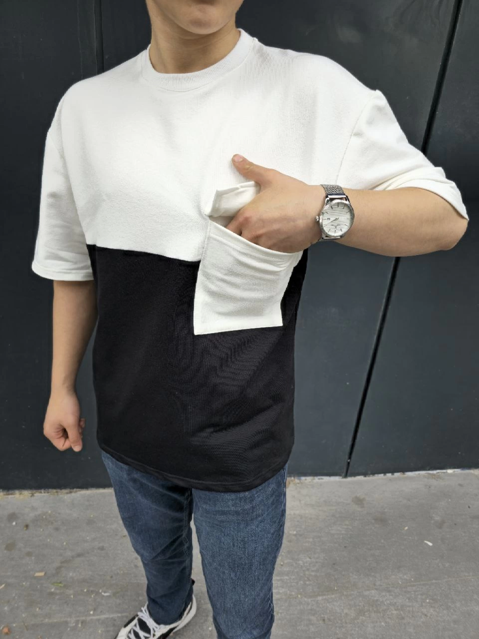 ASSEMA Erkek Torba Cep Detaylı Parçalı T-Shirt - Siyah