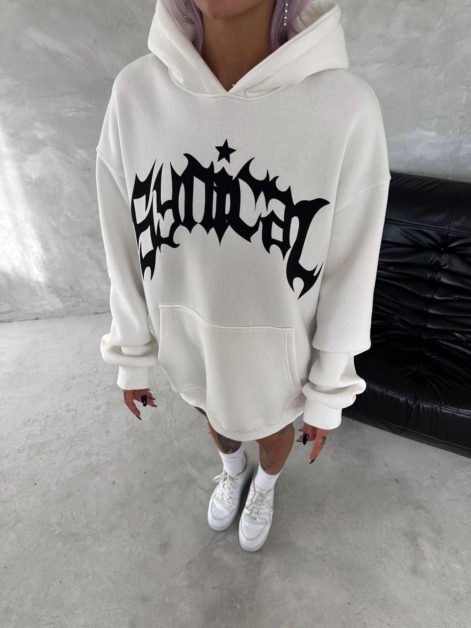 ASSEMA kadın Üç İplik Kapüşonlu Baskılı SweatShirt - Beyaz