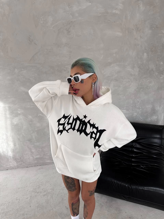 ASSEMA kadın Üç İplik Kapüşonlu Baskılı SweatShirt - Beyaz