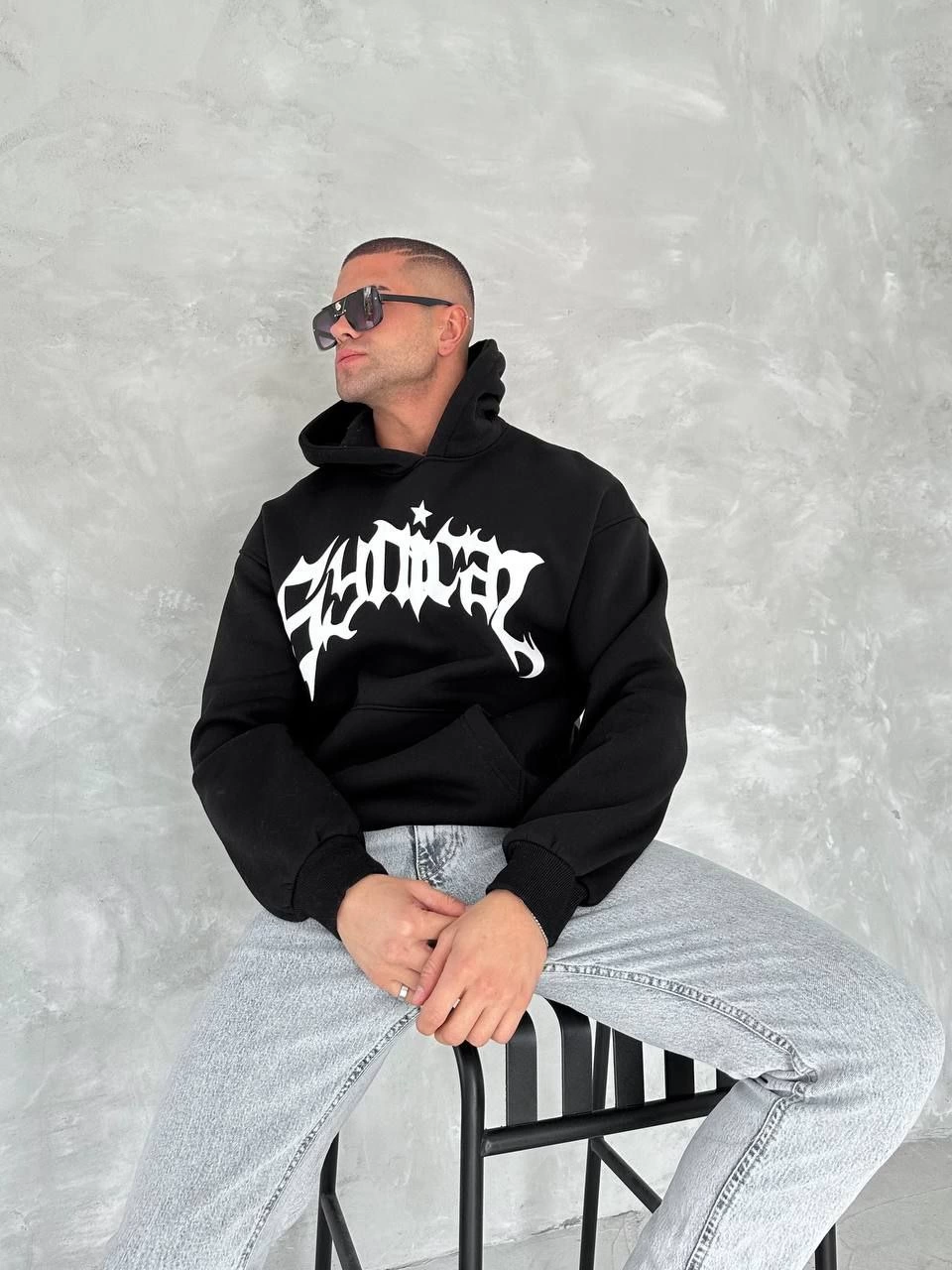 ASSEMA ERKEK Üç İplik Kapüşonlu Baskılı SweatShirt - Siyah