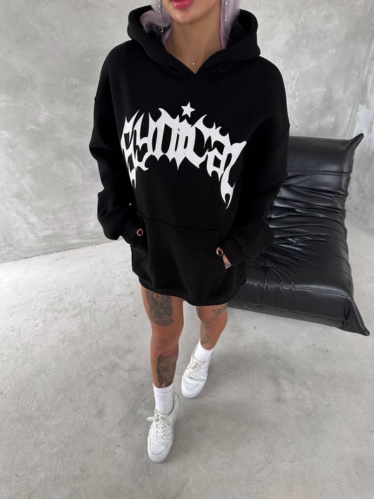 ASSEMA Kadın Üç İplik Kapüşonlu Baskılı SweatShirt - Siyah