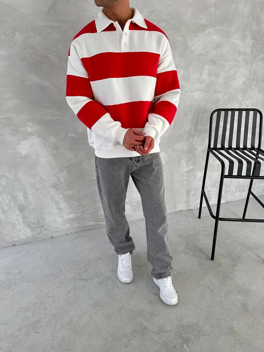 ASSEMA Erkek Üç İplik Parçalı Yakalı SweatShirt - Kırmızı