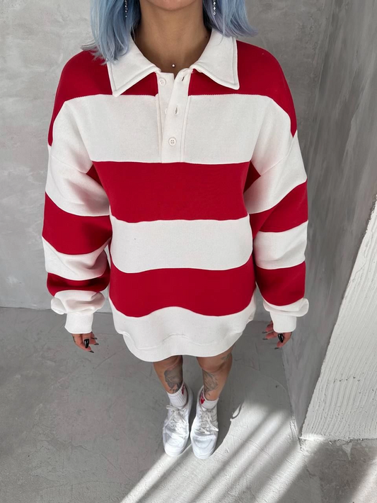 ASSEMA Kadın Üç İplik Parçalı Yakalı SweatShirt - Kırmızı