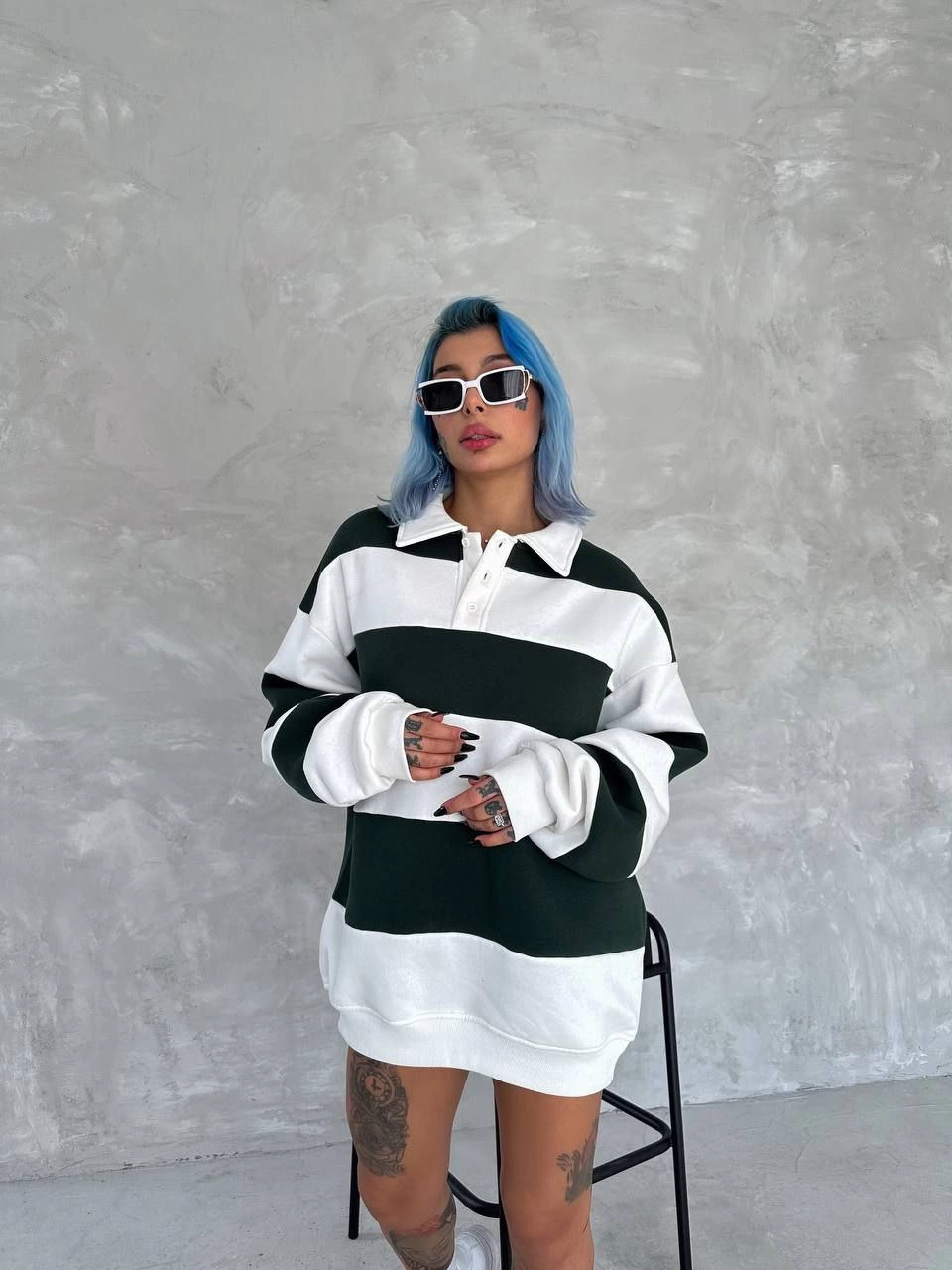 ASSEMA Kadın Üç İplik Parçalı Yakalı SweatShirt - Yeşil