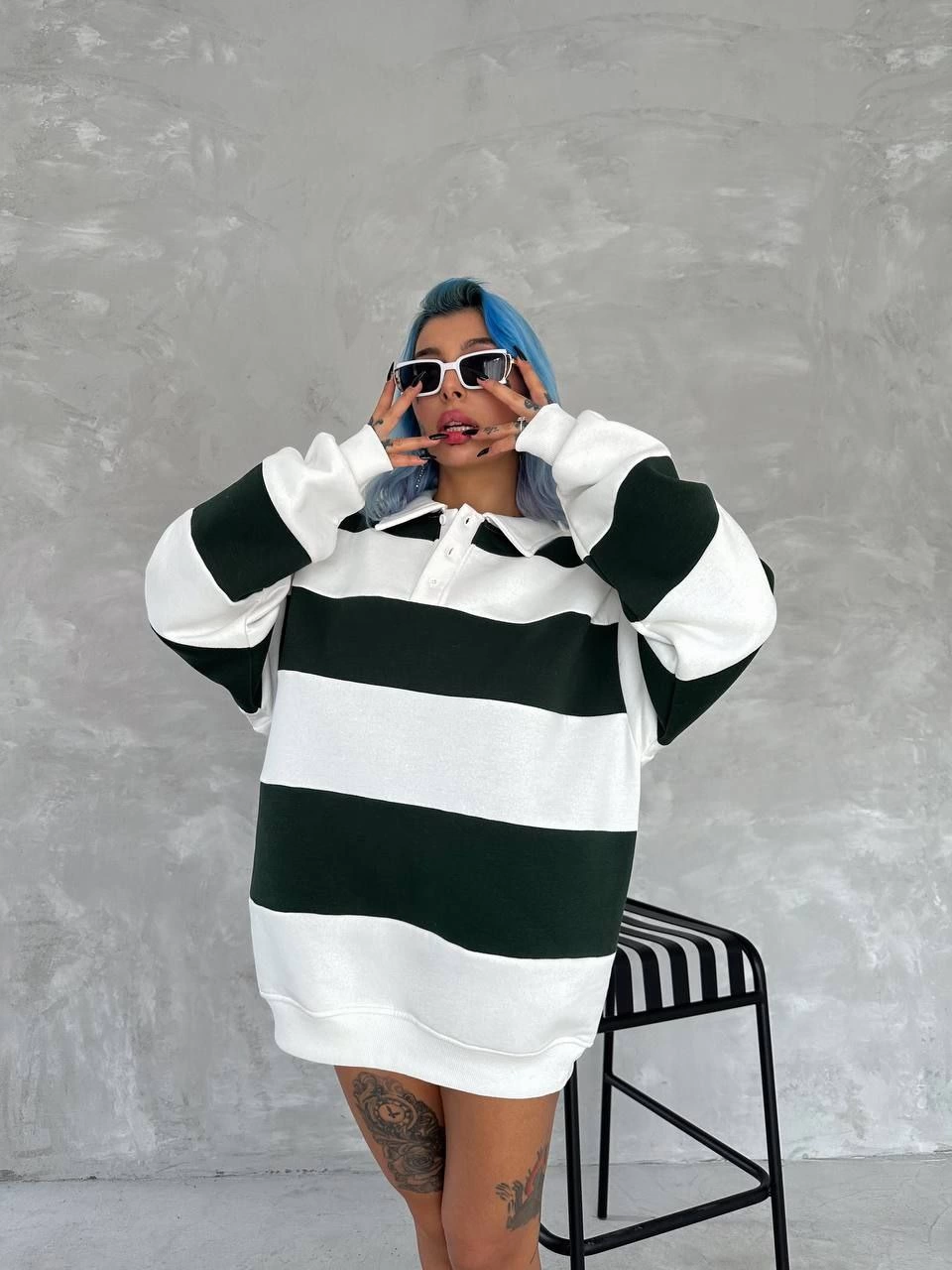 ASSEMA Kadın Üç İplik Parçalı Yakalı SweatShirt - Yeşil