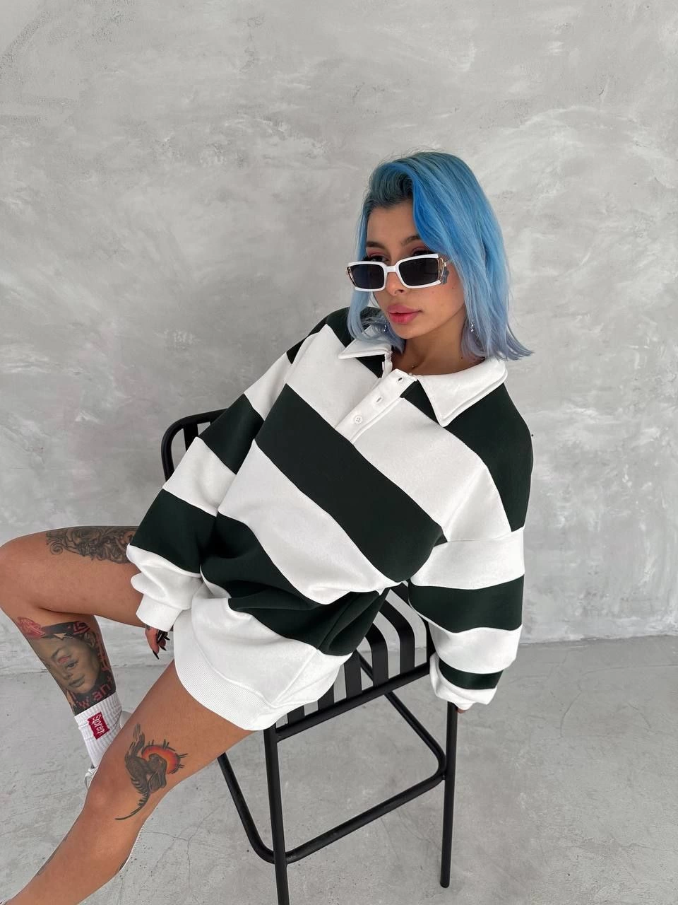 ASSEMA Kadın Üç İplik Parçalı Yakalı SweatShirt - Yeşil