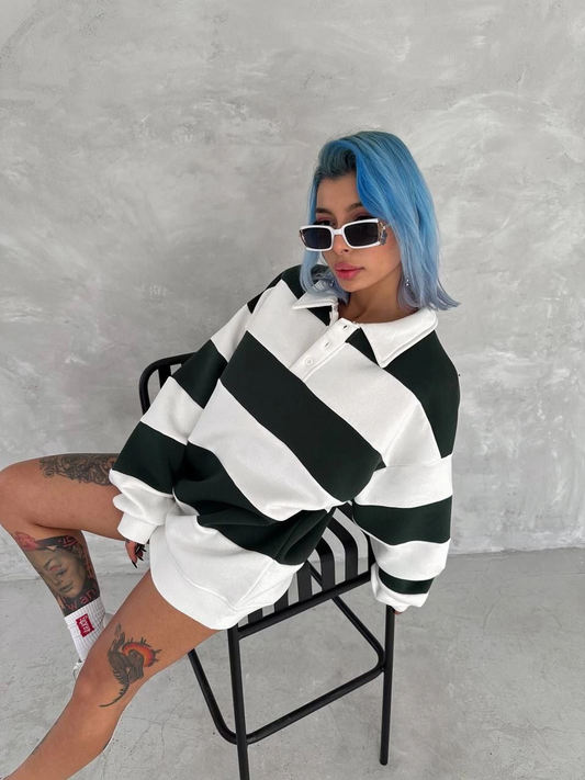 ASSEMA Kadın Üç İplik Parçalı Yakalı SweatShirt - Yeşil